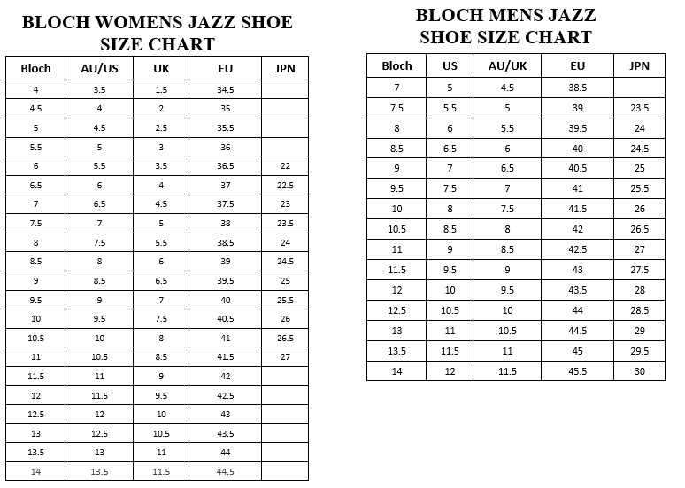 BLOCH SIZE CHART – Dancewear by Lana